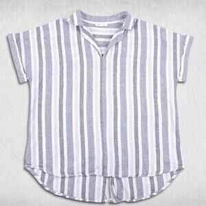 BeachLunchLounge Shirt Womens L White Striped Collared V-neck Linen Hi-Lo Boho
